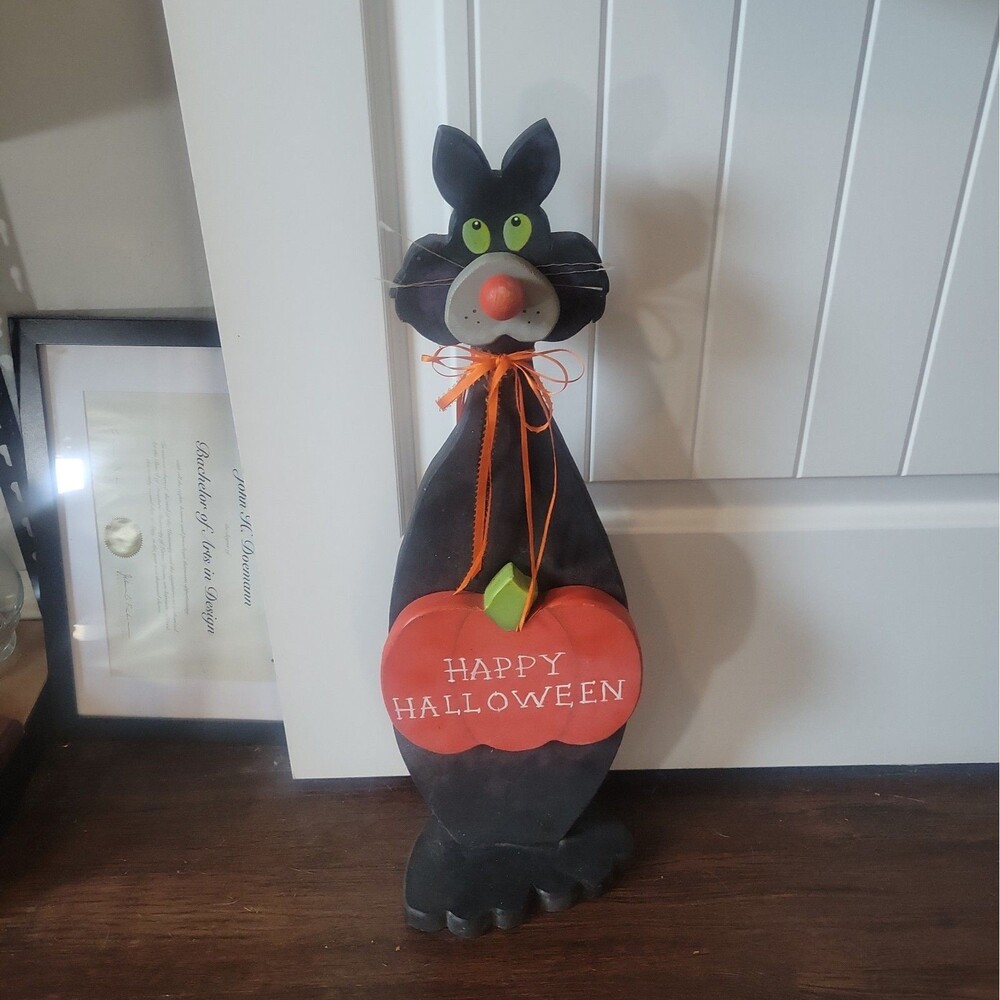 Handcrafted Black Cat Happy Halloween Standing Wood Pumpkin 23" tall Hand Paint